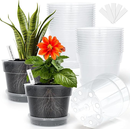 Clear Plastic Nursery Pots for Plants, 6 Inch Transparent Plant Pot with Drainage Holes and Saucers, Seed Starter Pots with 15 Pcs Plant Labels and 15 Pcs Soil Screens
