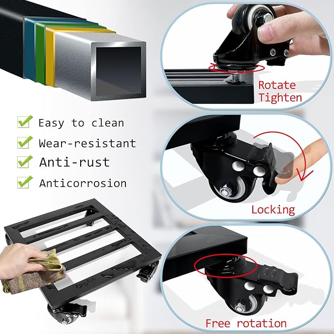 Plant Caddy with Wheels, 2 Pack 12 Inch Plant Stand with Wheels Metal Square Plant Dolly with Lockable Caster Wheels Heavy Duty Plant Dolly Base for Indoor Outdoor Holds up 380 Lbs Pots Planter, Black