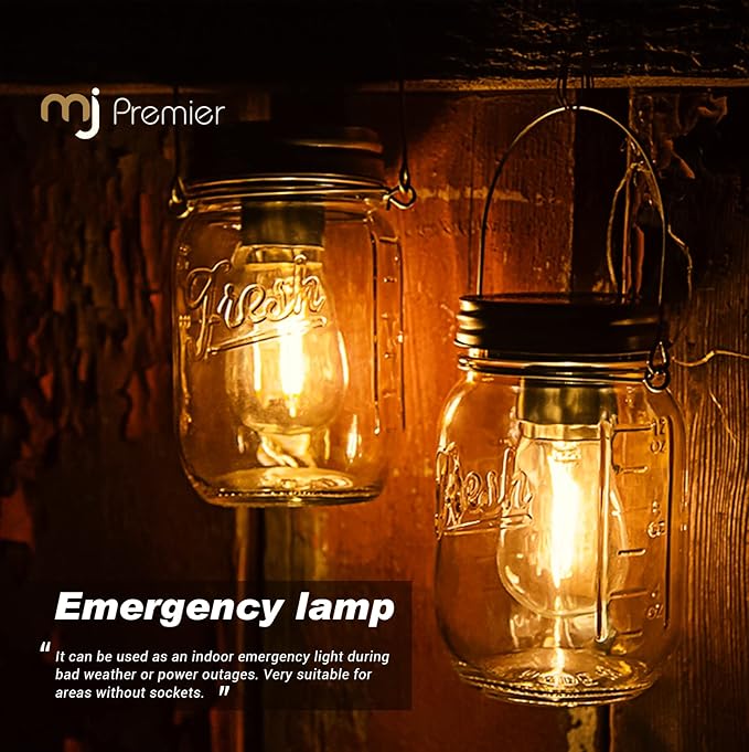 Outdoor Mason Jar Lights Hanging, 2-Pack LED Decorative Garden Lanterns with Timer, Battery Operated Vintage Glass Light for Patio Camping Courtyard Backyard Tree Hallway Stairs Farmhouse (2*Amber)