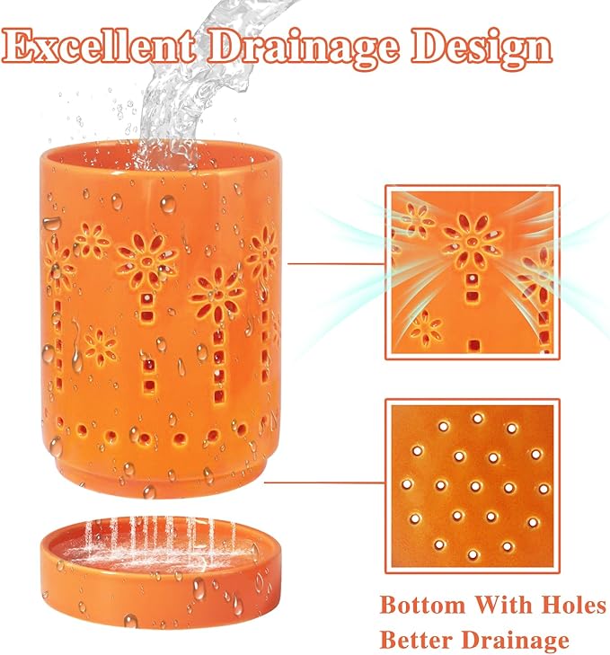 4 Inch Orchid Pot, Ceramic Orchid Pot for Repotting With Saucers, Orchid Pots With Holes More Ventilation hole Easy breathing, Plant Pot for Repotting Orchids and Other Flowers - Indoor/Outdoor Orange