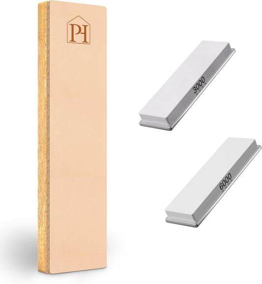 3000 & 6000 Grit Whetstone Plates Set – Extra Fine Corundum Sharpening Stones – Includes Leather Strop & Cleaning Eraser - Compatible Only with Parkway Home Adjustable Rolling Knife Sharpener