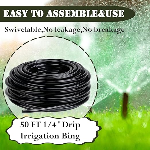 1/4in. Drip Irrigation Tubing - 50FT Drip Line Irrigation System Parts for Garden(Includes 1/4" Straight Connector, Ends, T Connectors, Cable Zip Ties)