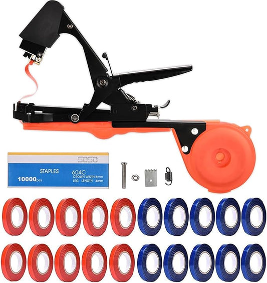 SUCA Plant Tying Machine, Plant Tape Cattle Panels for Garden,Plant Vine Tying Tool with 10000pcs Staples 21 Rolls Tape Plant Tape Gun for Grapes,Tapener (tapetool set1pcs), Red