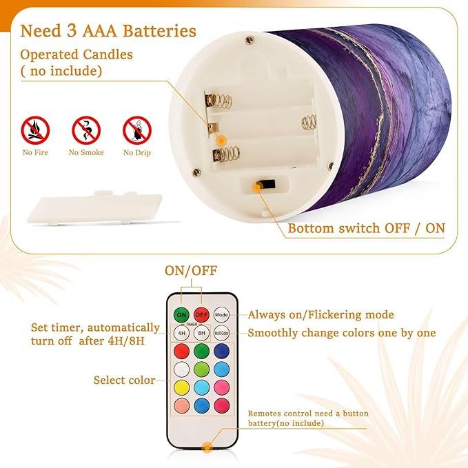 Flickering Flameless Candles, Purple Marble with Golden Veins LED Candles with Remote Timer, Set of 2 Battery Operated Candle for Valentine Wedding Birthday