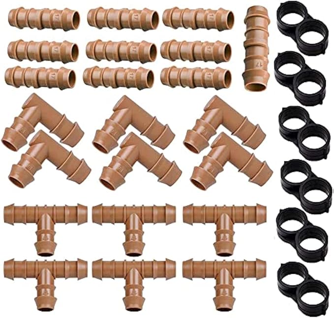 28P Drip Irrigation Fittings Kit (17mm) for 1/2" Tubing (.600" ID), 10 Couplings, 6 Tees, 6 Elbows and 6 Tubing End Closure - Barded Connectors for Drip or Sprinkler Systems(28 Pieces Set)