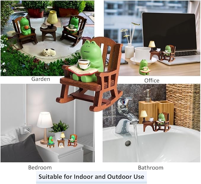 7 Pcs Cute Frog Rocking Chair Set with Miniature Frog Figurines, Mini cat, and Whimsical Trinkets - Versatile Decor for Office, Home, Yard, Patio, and Lawn