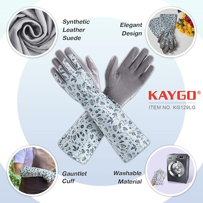 KAYGO Gardening Gloves for Women Long Sleeve, Light Protective Gloves for Yard and Outdoor Work, Best Garden Gifts for Gardener,Gray,Large