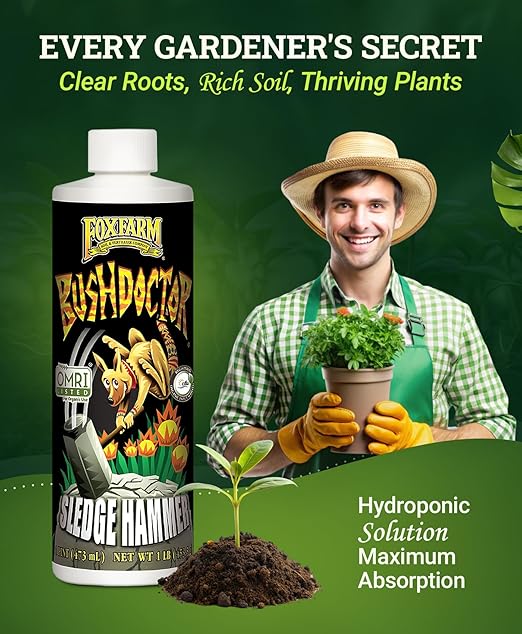 FoxFarm BushDoctor Sledgehammer - Rinse Formula with Yucca Saponin, Clears Fertilizer Buildup, Enhances Root Moisture Absorption - Perfect for Hydroponic and Soil Application (Pint)