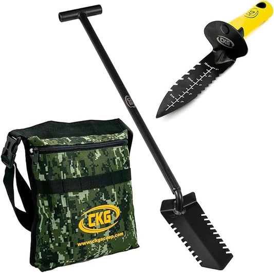 CKG Metal Detecting Shovel Tool, Heavy Duty Double Serrated Edge Digger - Digging Knife for Gardening Trowel Hunting Camping, Planting & Treasure Finds Pouch Bag, Set