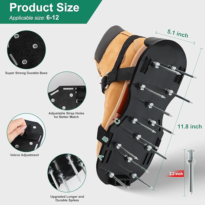 Lawn Aerator Shoes, Upgrade 2.2" Heavy Duty Spike Shoes Lawn Aerating with Hook&Loop Straps, Free-Installation Grass Aerator Lawn Tool, One-Size-Fits-All Soil Aerator Tool for Yard Patio Lawn Garden