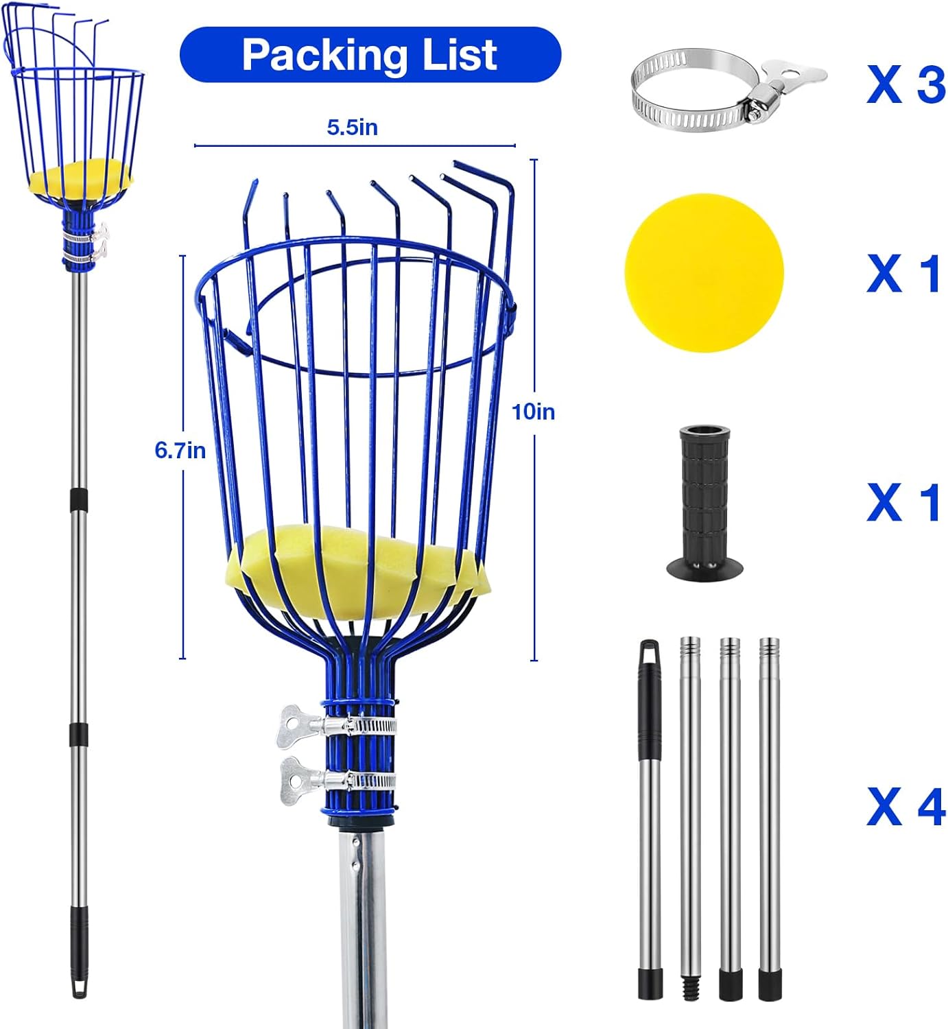 Fruit Picker Tool with Basket & Foam Pad, 35-72 Inch Adjustable Stainless Steel Picking Pole - for Harvesting Lemon Avocado Apple Mango Pear Orange & Tall Tree Fruits