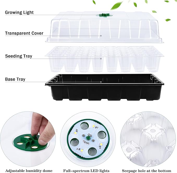 3 Pack Seed Starter Tray Kit with Grow Light Germination Trays with Humidity Dome, 120 Peat Pellets, Gardening Tools, Plant Labels, Plant Growing Trays for Seeds Growing Starting, Black