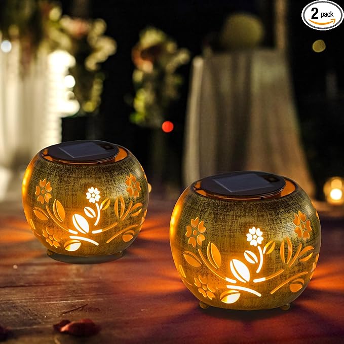 2 Pack Flower Solar Lanterns Outdoor Waterproof, Hollow Out Metal Lantern Solar Lights, Hanging Lights for Yard, Patio, Porch, Garden Decor, Outdoor Decoration LED Lantern for Yard, Garden