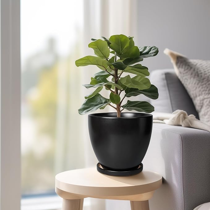 Ceramic Pots for Plants - 6 Inch Plant Pot with Drainage Hole and Saucer, Succulent Round Flower Planters for Indoor, Home Decor, Black