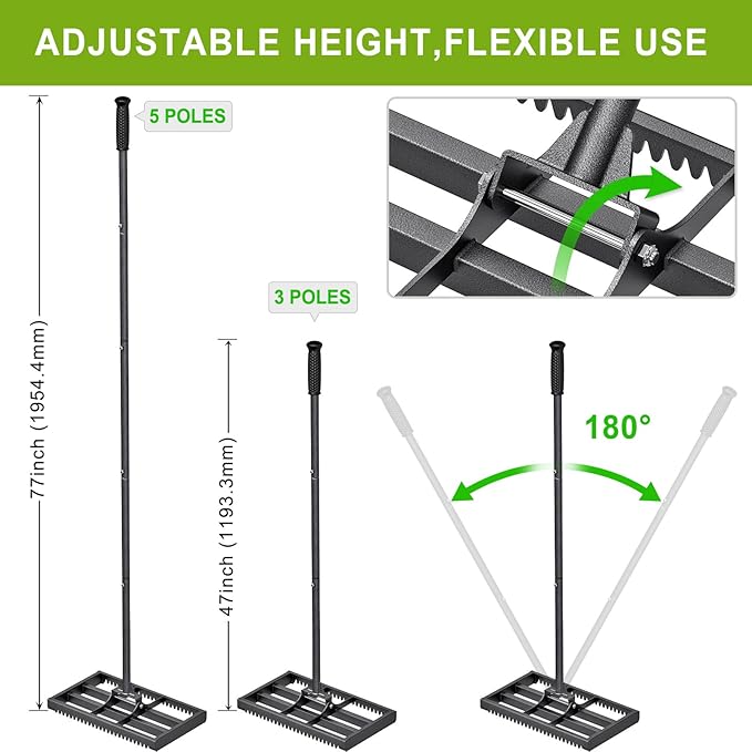 Lawn Leveling Rake with Rounded Edges, 17x10'' Leveling Rake with Tines to Level The Lawn, Heavy Duty Lawn Leveling Tool with 77'' Adjustable Handle to Make The Lawn Leveling Job Much Easier