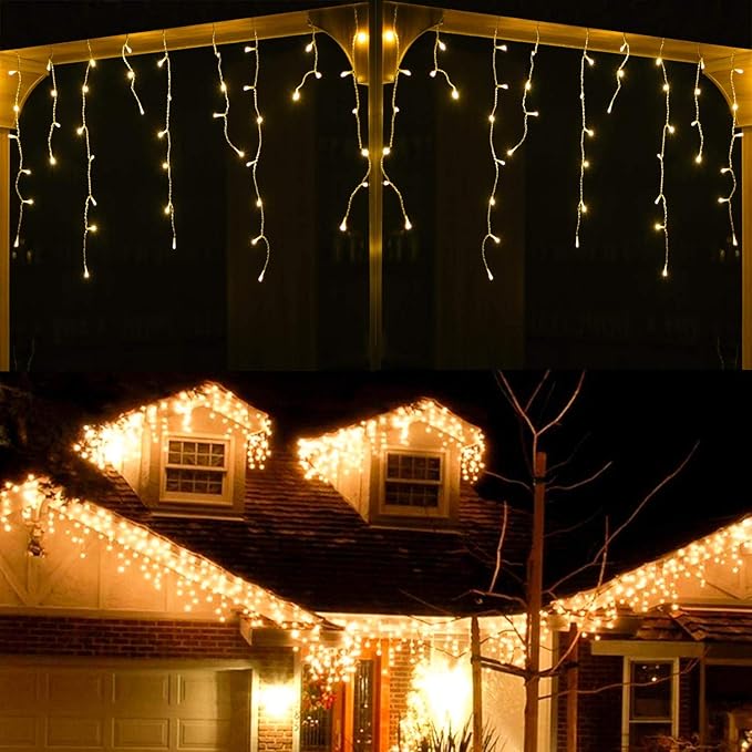 YASENN 300Led Icicle Style String Lights 29.5FT,Update Connectable 8 Lighting Modes with Timer Icicle Lights for Home Garden Outdoor Indoor Eave Decor (Warm White LED White Cable)