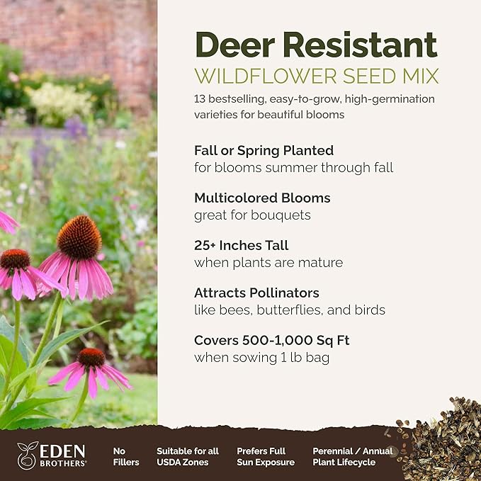 Eden Brothers Deer Resistant Wildflower Mixed Seeds for Planting, 1 lb, 480,000+ Seeds with Foxglove, Forget Me Not | Attracts Pollinators, Plant in Spring or Fall, Zones 3, 4, 5, 6, 7, 8, 9, 10