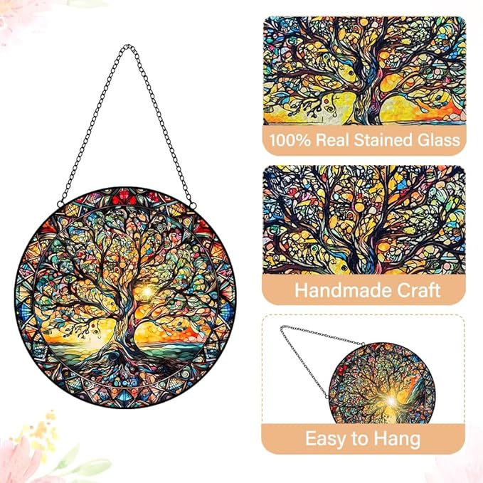 Tree of Life Sun Catcher Stained Glass Window Hanging - Handmade Suncatchers for Windows Hanging Stained Glass Suncatcher - Sun Catchers Indoor Window Wall Home Decor Glass Panel Gift for Women Men