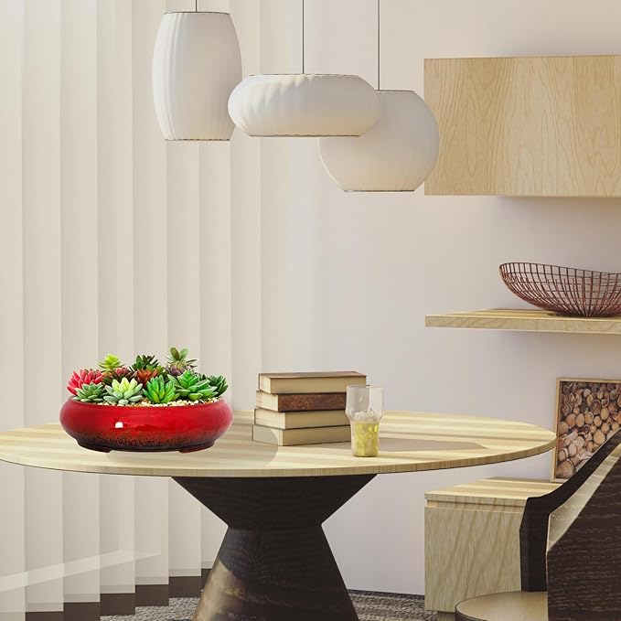 ARTKETTY Succulent Pots - 11.5 Inch Ceramic Bonsai Pots with Drainage, Large Shallow Succulent Planters for Indoor Outdoor Plants, Round Glazed Cactus Flower Plant Container Bowl Home Desk Decor(Red)