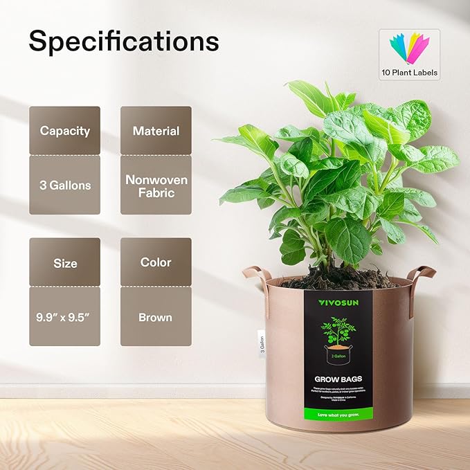 VIVOSUN 5-Pack 3 Gallons Grow Bags Heavy Duty Thickened Nonwoven Fabric Pots with Strap Handles Tan