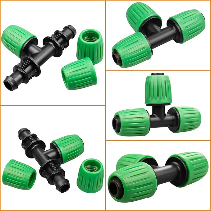 Drip Irrigation Fittings for 1/2 inch Tubing (0.60"-0.63" OD), 12 Pieces Barbed Tee Drip Parts Locked Tee Connectors, 3 Way Drip Line Nuts Connectors for 1/2" Drip Irrigation Hose (13mm ID)