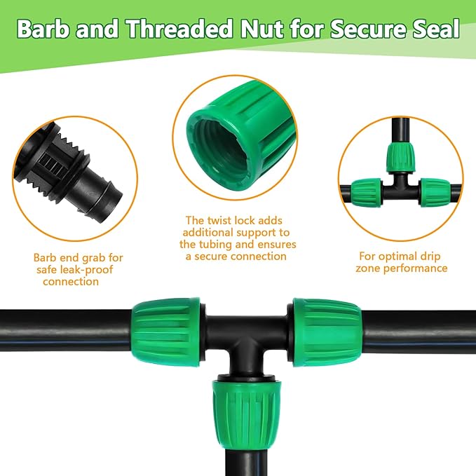 12 Pack 1/2 Inch Drip Irrigation Tee (1/2" ID x 0.65" OD), Drip Line Irrigation Locked Barbed 3 Way T for 1/2'' Irrigation Tubing Anti Leak Irrigation System Tee Fittings