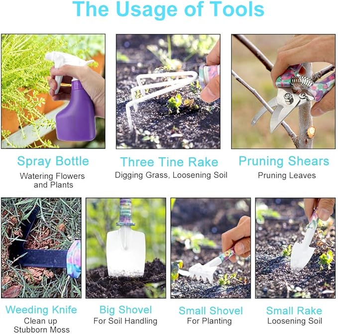 Jhua Garden Tool Set, 10 Pieces Gardening Tools Kit with Purple Flower Print, Ergonomic Handle Trowel Rake Weeder Pruner Shears Sprayer, Garden Hand Tools with Carrying Case Gardening Gifts for Women