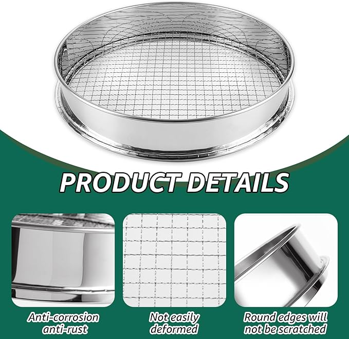 2 Pcs 12 Inch Soil Sifter for Gardening, Gardening Soil Compost Sifter, Stainless Steel Soil Sieve, Mesh Screen Dirt Sifter for Dirt,Sand,Rock,Filtration Compost Bonsai Gardening Tool (10mm)
