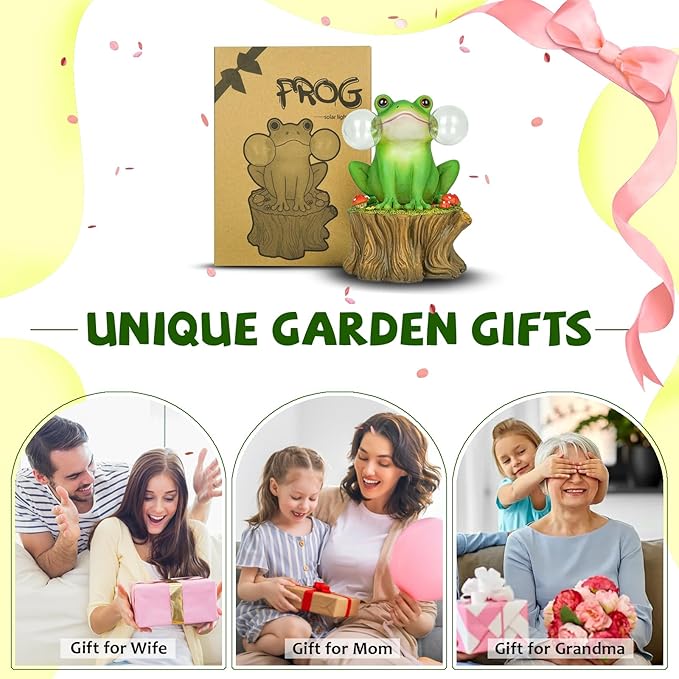 Solar Frog Garden Decor - Mushroom Outdoor Statue for Garden Ornaments, Lawn, Flower Bed, Pond, Patio, Porch - Frog Gifts for Women, Mom, Grandma