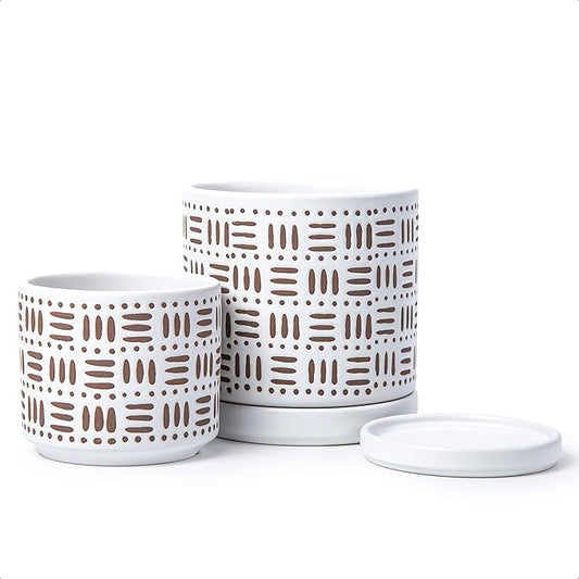 D'vine Dev Set of 2 Ceramic Planter Pots with Drainage Hole and Saucer, 4.5 Inch 6 Inch Plant Pots for Plants Indoor Houseplants, White, 99-F-1