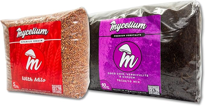 Mycelium's Dung-Loving Mushroom Monotub Bundle – 10LB Substrate & 5LB Milo Grain | Expertly Prepared for Peak Mycelium Growth | Nutrient-Dense for Home Growers | Sterile Bags for Beginners & Pros