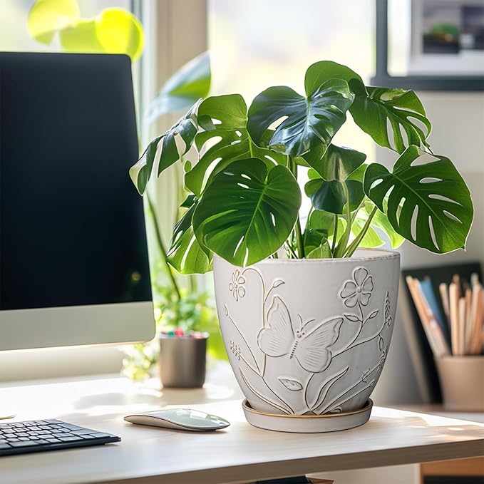 8 Inch Ceramic Pots for Plants Large Planter Pot with Drainage Hole and Saucer Round Flower Pot for Indoor Outdoor Decor, White