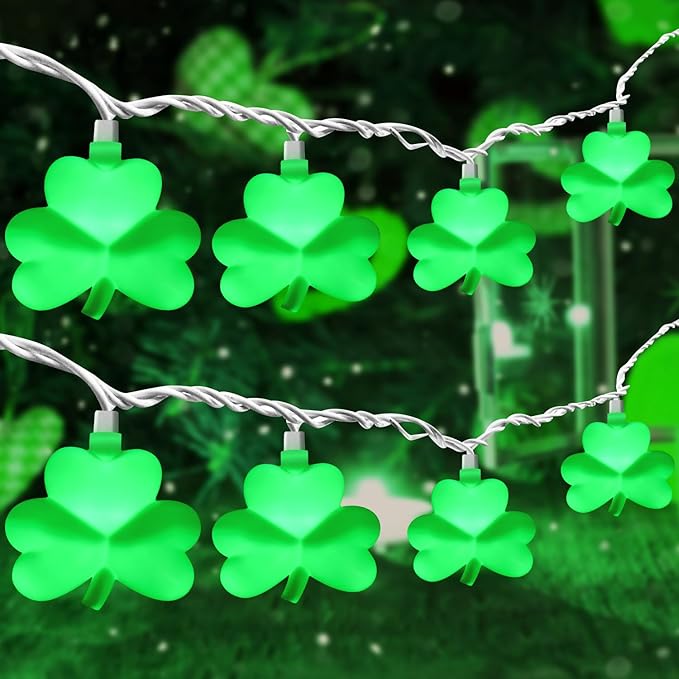 St Patricks Day Decorations Shamrock String Lights, 8.5FT Green Lucky Clover String Lights Waterproof with 10 Green LED Lights for Indoor Outdoor St. Patrick's Day Party Decorations, White Wire