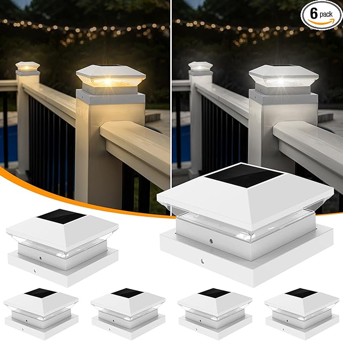 T-SUN Bright Solar Post Cap Lights 6 Pack – Outdoor Waterproof Solar Powered Deck Fence Post Lights for Wooden (4x4/6x6) & Vinyl (4x4/5x5) Posts – 2 Modes for Garden, Patio, Gate, Mailbox, Porch