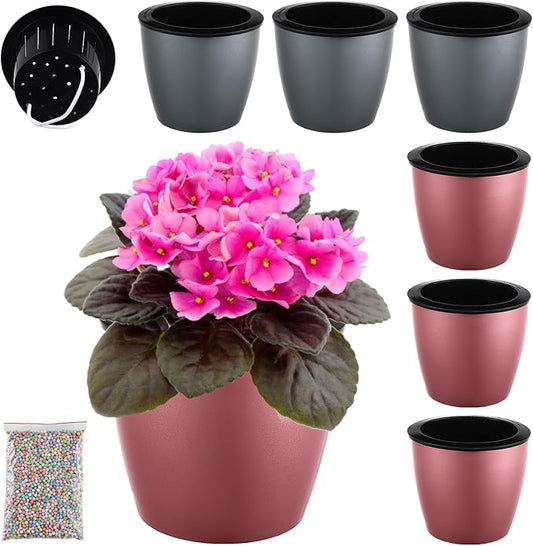 Planterhoma 6.7 Inch Self Watering Pots for Indoor Plants, 6 Packs African Violet Pots with Black Wick Pots, Self Watering Planters for Devil's Ivy, Indoor Plant Pots, Silver/Rose Gold