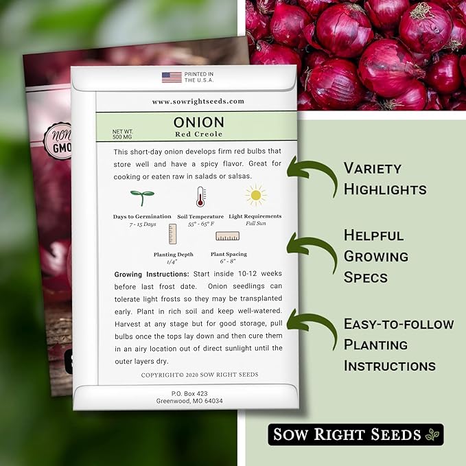 Sow Right Seeds - Red Creole Onion Seeds for Planting - Non-GMO Heirloom Packet with Instructions to Plant a Home Vegetable Garden - Grow Classic Purple Onions, Essential for Cooking (1)