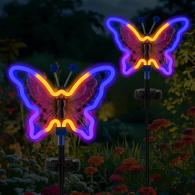 Solar Butterfly Lights, Butterfly Garden Solar Lights，Solar Lights Outdoor Decoration,Waterproof neon Outdoor lamp, Yard Patio Pathway Decor for Outside(Dark Blue, 2 Pack)