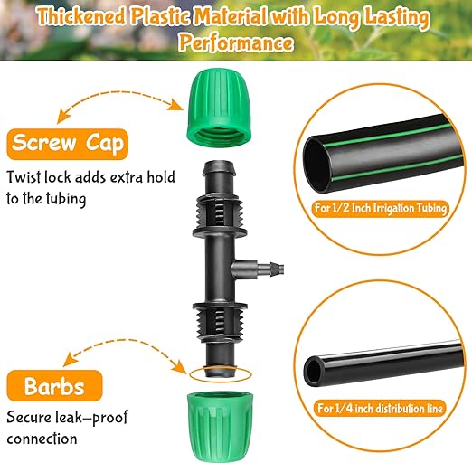 12 Pack Drip Irrigation Fittings for 1/2 Inch to 1/4 Inch Tubing Reducing Tee：1/2" (1/2" ID x 0.65" OD) to 1/4" Drip Line Anti-drop Locked Nut Barbed Reducer Tee Connectors