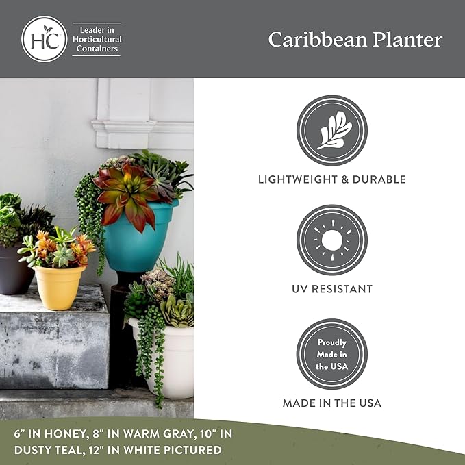 The HC Companies 14 Inch Caribbean Planter - Lightweight Indoor Outdoor Plastic Plant Pot for Herbs and Flowers, Warm Gray