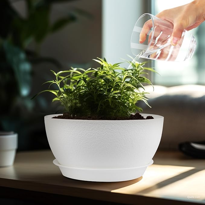 13 inch Plant Pots Pack of 2, Plastic Planter with Drainage Holes and Saucers, Plant pots for Indoor Outdoor Use, Flower Pots for All House Plants (White)