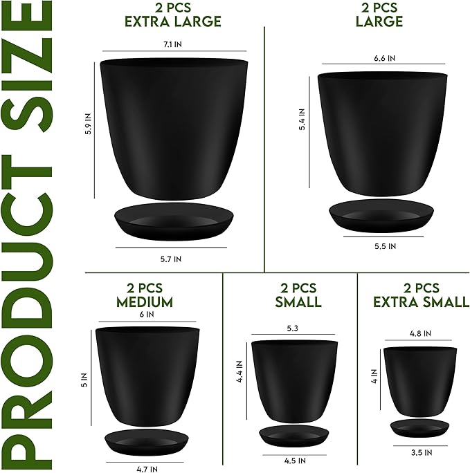 Utopia Home - Plant Pots Indoor with Drainage - 7/6.6/6/5.3/4.8 Inches Home Decor Flower Pots for Indoor Planter - Pack of 40 Plastic Planters for Indoor Plants, Cactus, Succulents Pot - Black