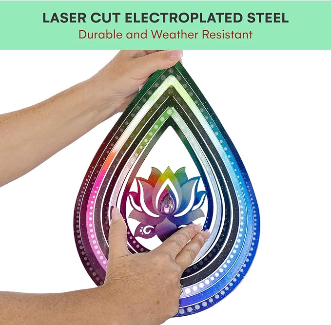 VP Home Lotus Teardrop Wind Spinner - 3D Metal Outdoor Hanging Lotus Decor for Garden and Yard - Kinetic Wind Spinners with S-Hook, Durable Weather-Resistant Steel - 8.5 x 15 Inches