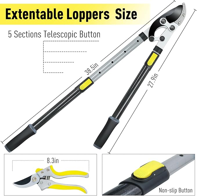 JARDINEER 3PCS Extendable Anvil Loppers Shears Set, Branch Cutters Heavy Duty with 2 Inch Clean Cut Capacity, 28-38.5" Telescopic Tree Trimming Long Handle with SK5 Spare Blade
