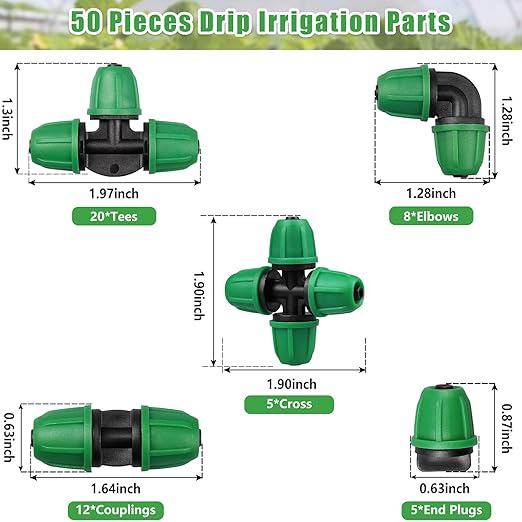 JAYEE 50 Pcs Drip Irrigation Fittings Kit for 1/4 Inch Tubing, Drip Line Parts for Drip Systems - 20 Tee, 12 Coupling, 8 Elbow, 5 Barbed 4-Way Cross, 5 End Closure - Barbed Locked Nuts Connectors