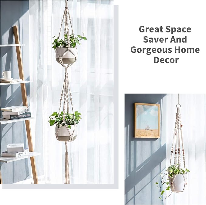 Mkono Macrame Plant Hangers Set of 4 Indoor Hanging Planter Basket Wall Decorative Flower Pot Holder with 4 Hooks for Indoor Outdoor Home Decor Gift Box, Ivory