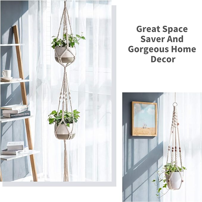 Mkono Macrame Plant Hangers Set of 4 Indoor Hanging Planter Basket Wall Decorative Flower Pot Holder with 4 Hooks for Indoor Outdoor Home Decor Gift Box, Ivory