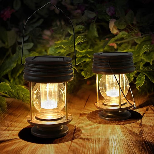 pearlstar Solar Lanterns Outdoor Hanging Solar Lights with Handle for Pathway Yard Patio Garden Decoration, Waterproof Outside Solar Table Lamp,2 Pack 5.5" H (Warm Lights)