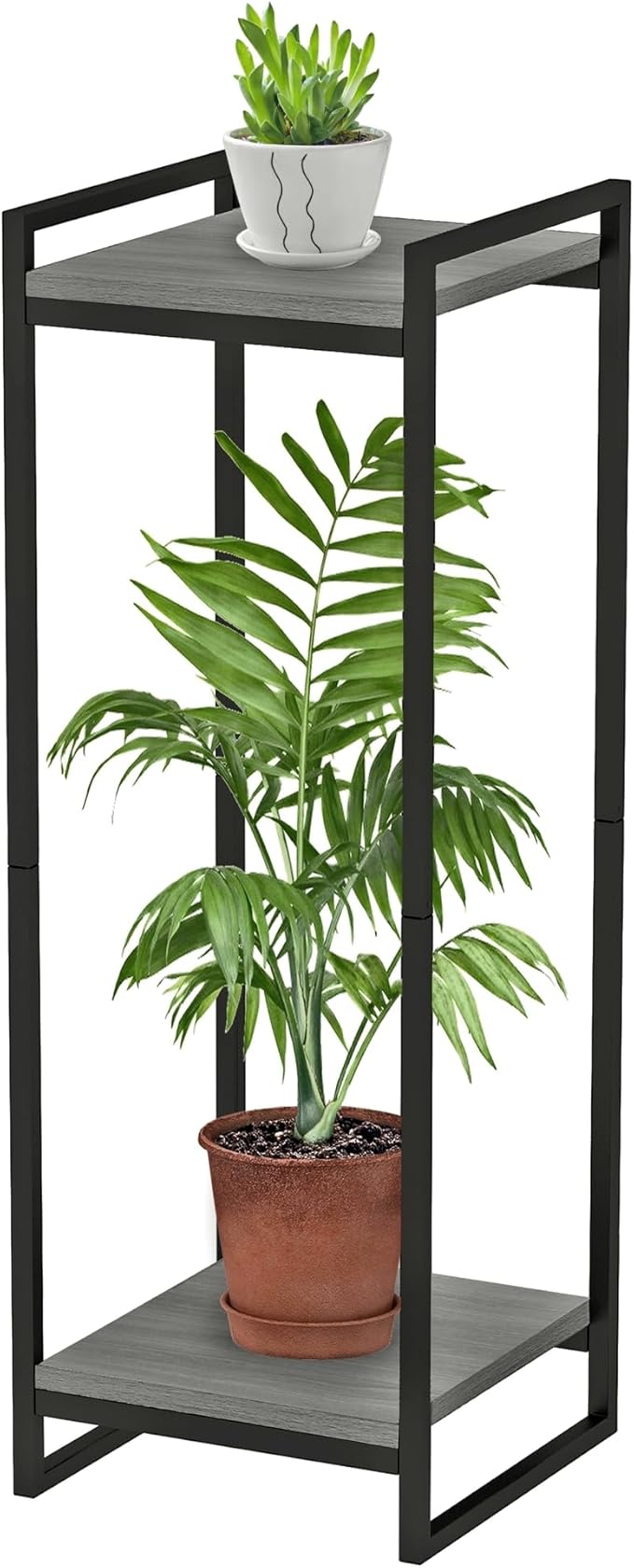 34" Tall Plant Stand Indoor, 2-Tier Modern Plant Shelf Corner Flower Pot Holder Organizer for Living Room Balcony Garden, Oak Grey