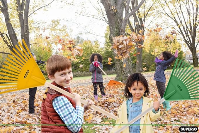 Superio Kids Rake with Hardwood Handle, Durable Plastic Head to Sweep Leaves in Lawn and Tidying Up The Garden, 34" (Kid Size, Grey, 1-Pack)