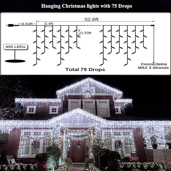 Led Christmas Lights Outdoor Christmas Decorations Hanging Light 400LED 8 Modes 75 Drops, Waterproof Outdoor Indoor Fairy Christmas Lights for Party, Holiday, Wedding Decorations (CoolWhite)